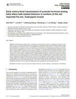 Image of first page of: Early colony-level transmission of juvenile hormone analog baits alters task-related behavior in workers of the red imported fire ant, Solenopsis invicta
				