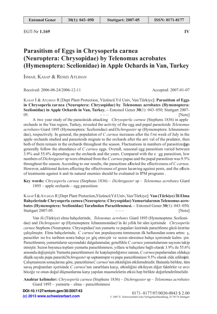 Image of first page of: Ei-Parasitierung bei Chrysoperla carnea (Neuroptera: Chrysopidae) durch Telenomus acrobates (Hymenoptera: Scelionidae) in Apfelanpflanzungen der Türkei
