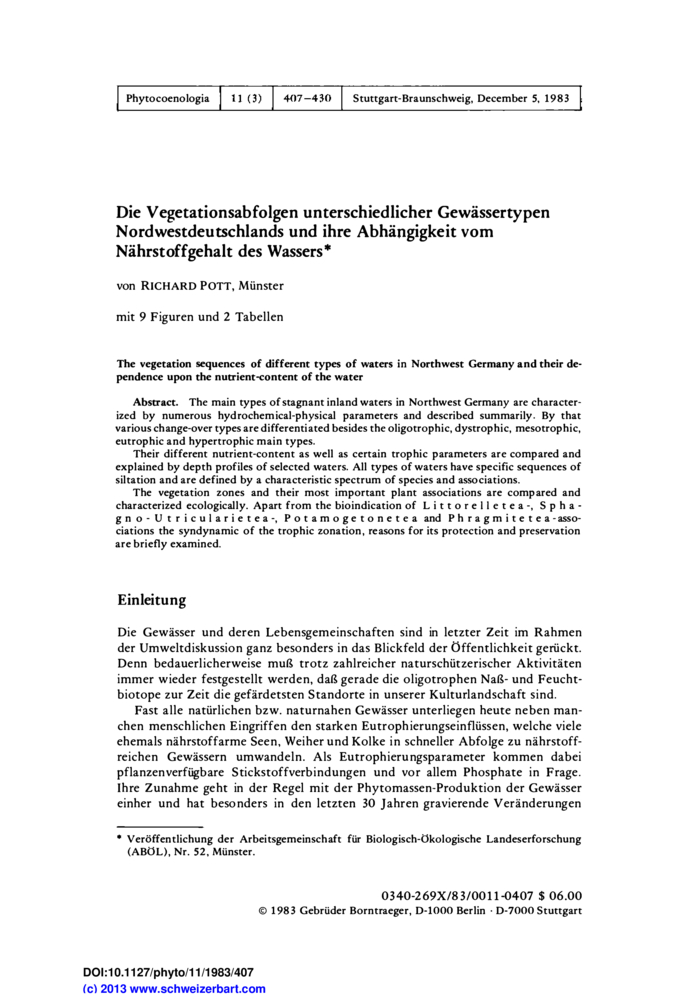 Image of first page of: The vegetation sequences of different types of waters in Northwest Germany and their dependence upon the nutrient-content of the water