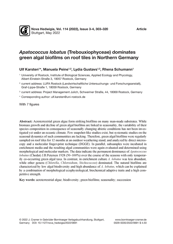 Apatococcus lobatus (Trebouxiophyceae) dominates green algal biofilms ...