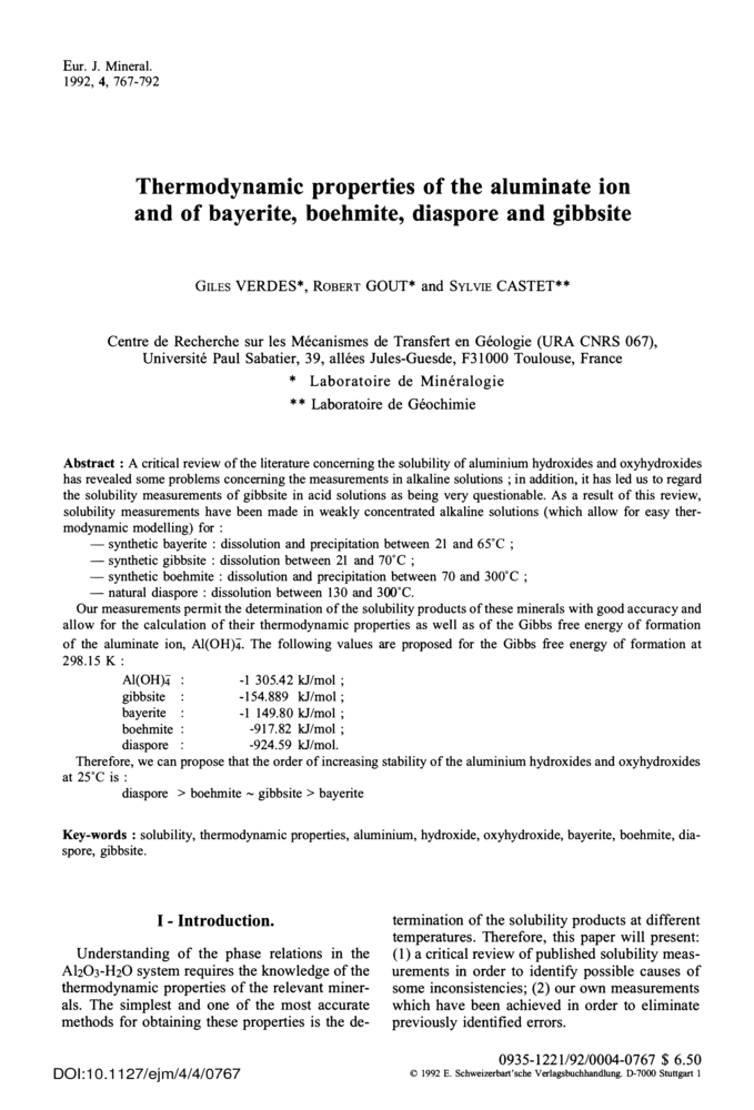 Thermodynamic properties of the aluminate ion and of bayerite, boehmite ...